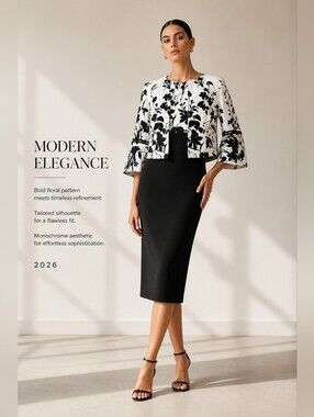 Danny & Nicole Black and White Floral Pencil Dress Suit